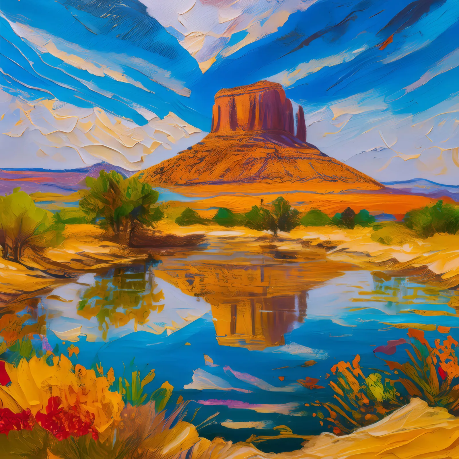 Mesa and Reflection Pond, a palette-knife oil landscape by Emma Mickelberg