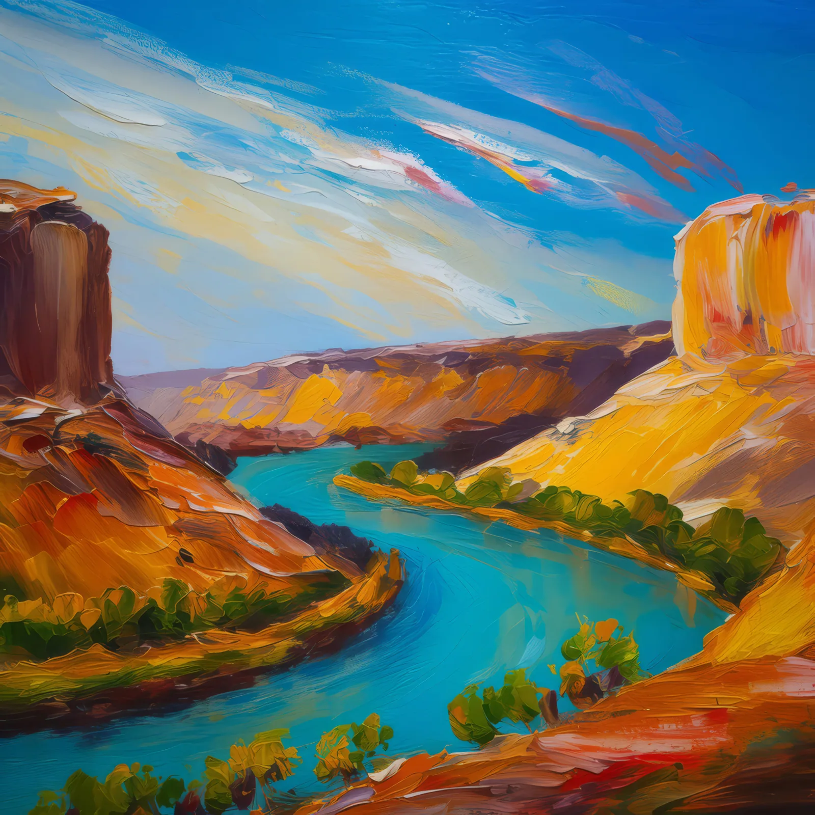 Mesa and River Bend, a palette-knife oil landscape by Emma Mickelberg