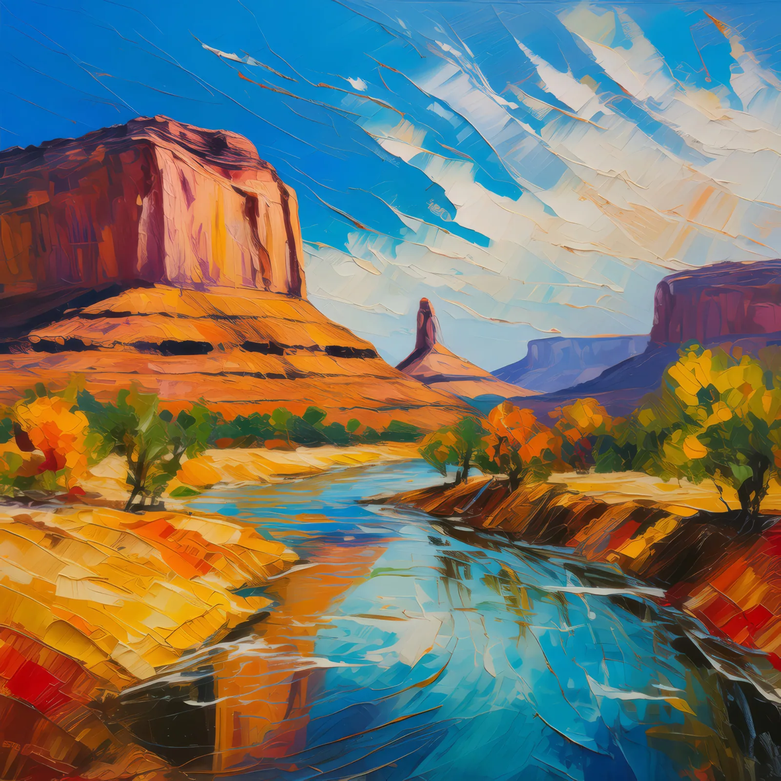 Mesa and River, a palette-knife oil landscape by Emma Mickelberg