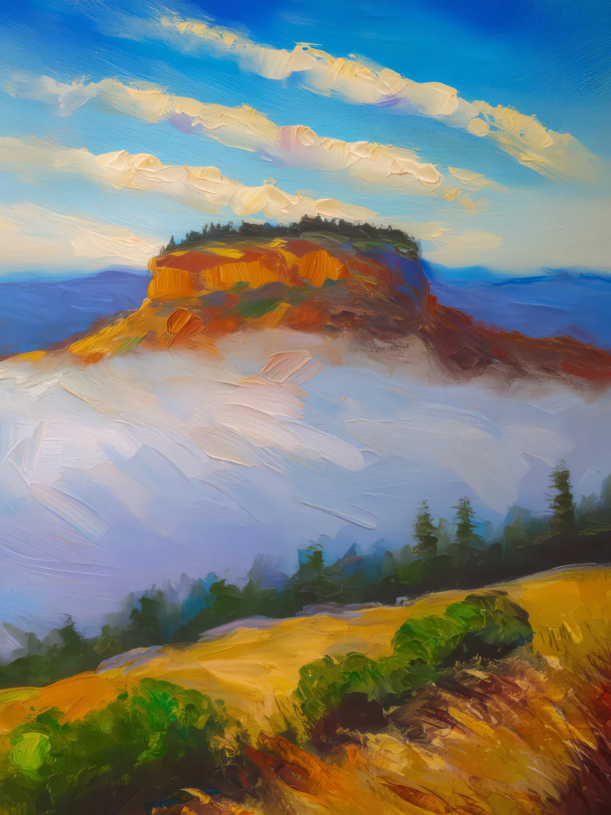Mesa and Rolling Fog, a palette-knife oil landscape by Emma Mickelberg