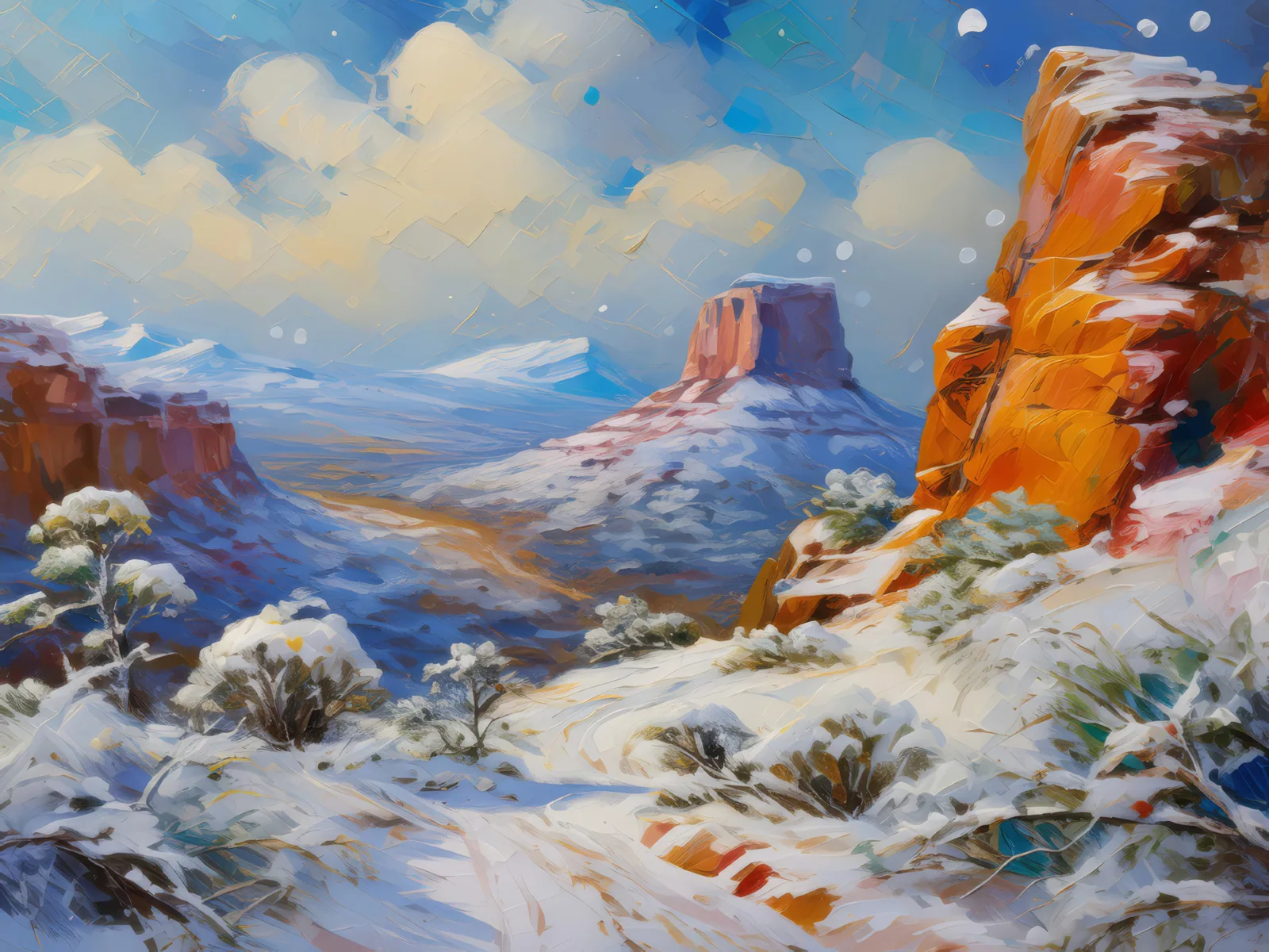 Mesa and Snowfall, a palette-knife oil landscape by Emma Mickelberg