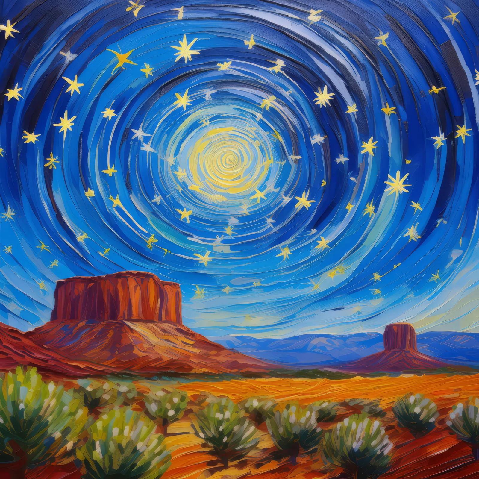 Mesa and Star Trails, a palette-knife oil landscape by Emma Mickelberg
