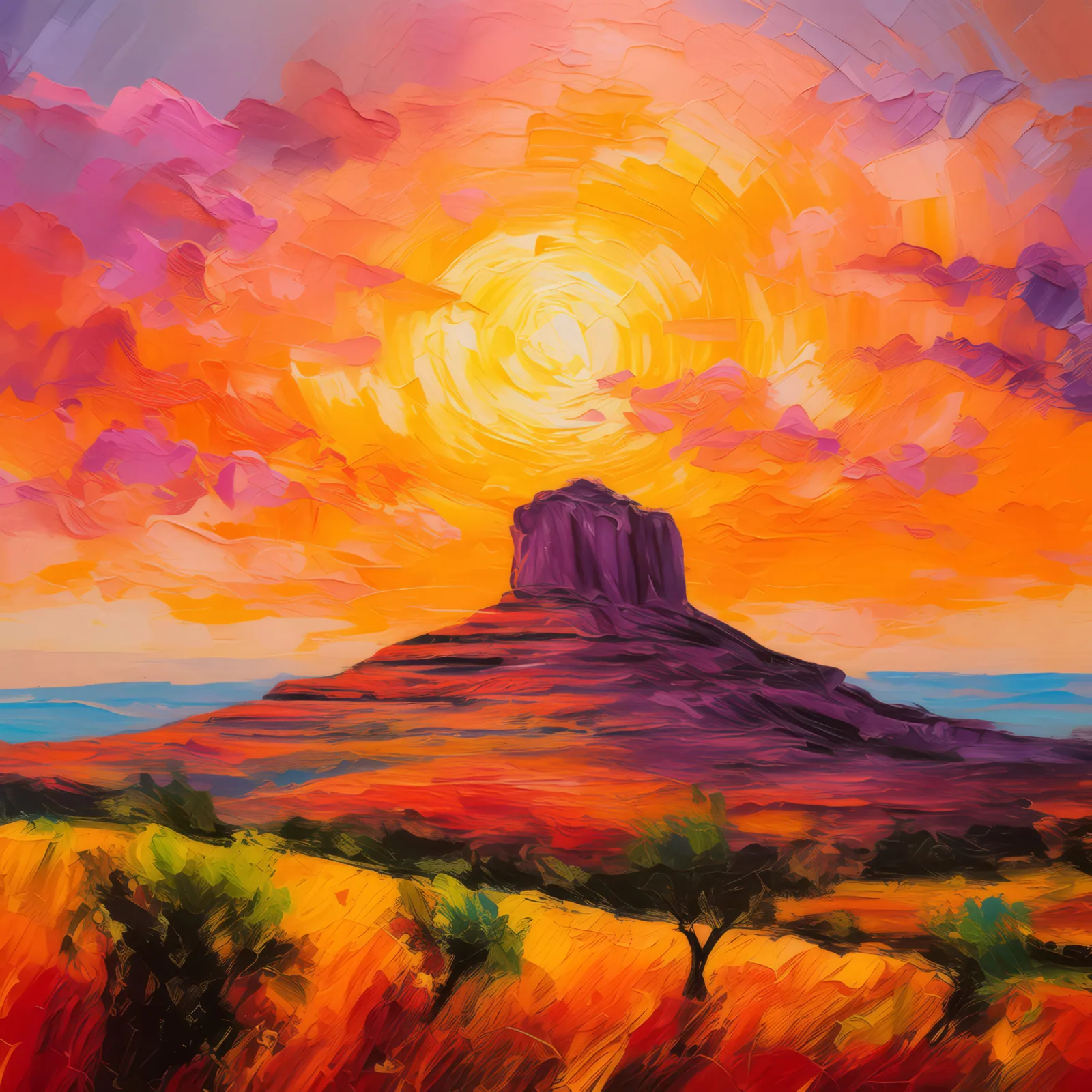 Mesa and Sunset Silhouette, a palette-knife oil landscape by Emma Mickelberg