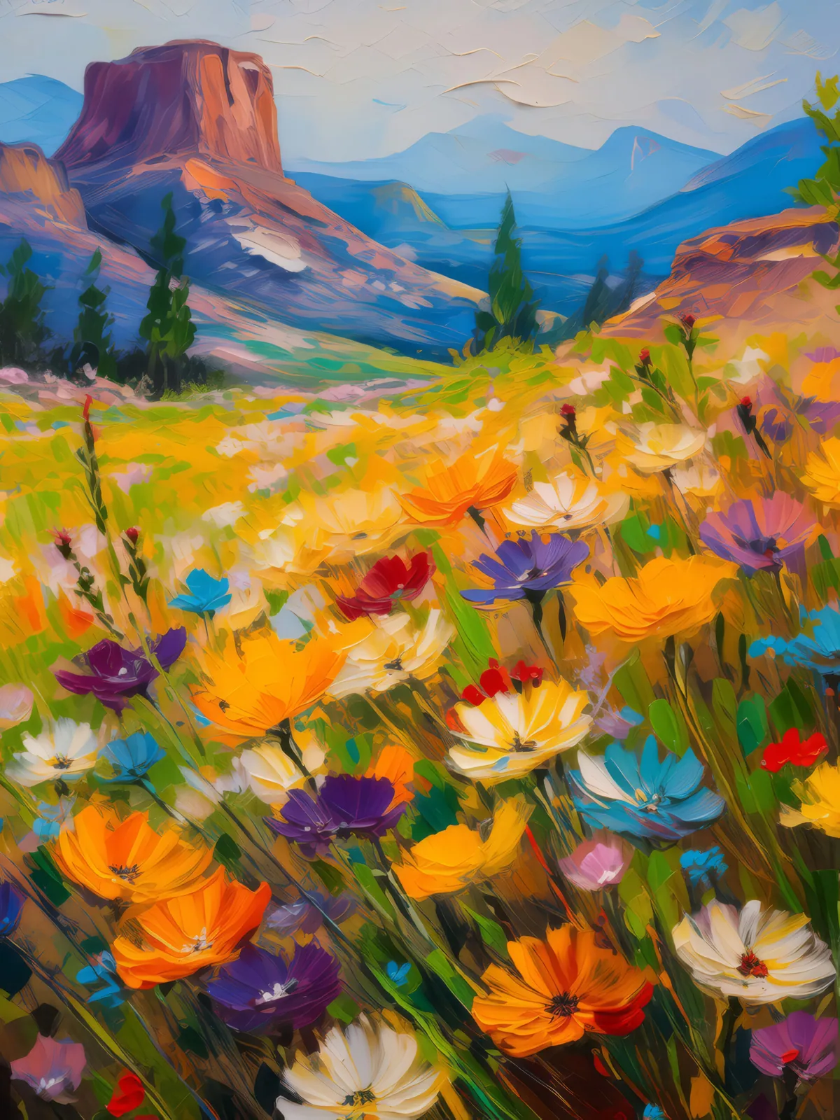 Mesa and Wildflowers, a palette-knife oil landscape by Emma Mickelberg