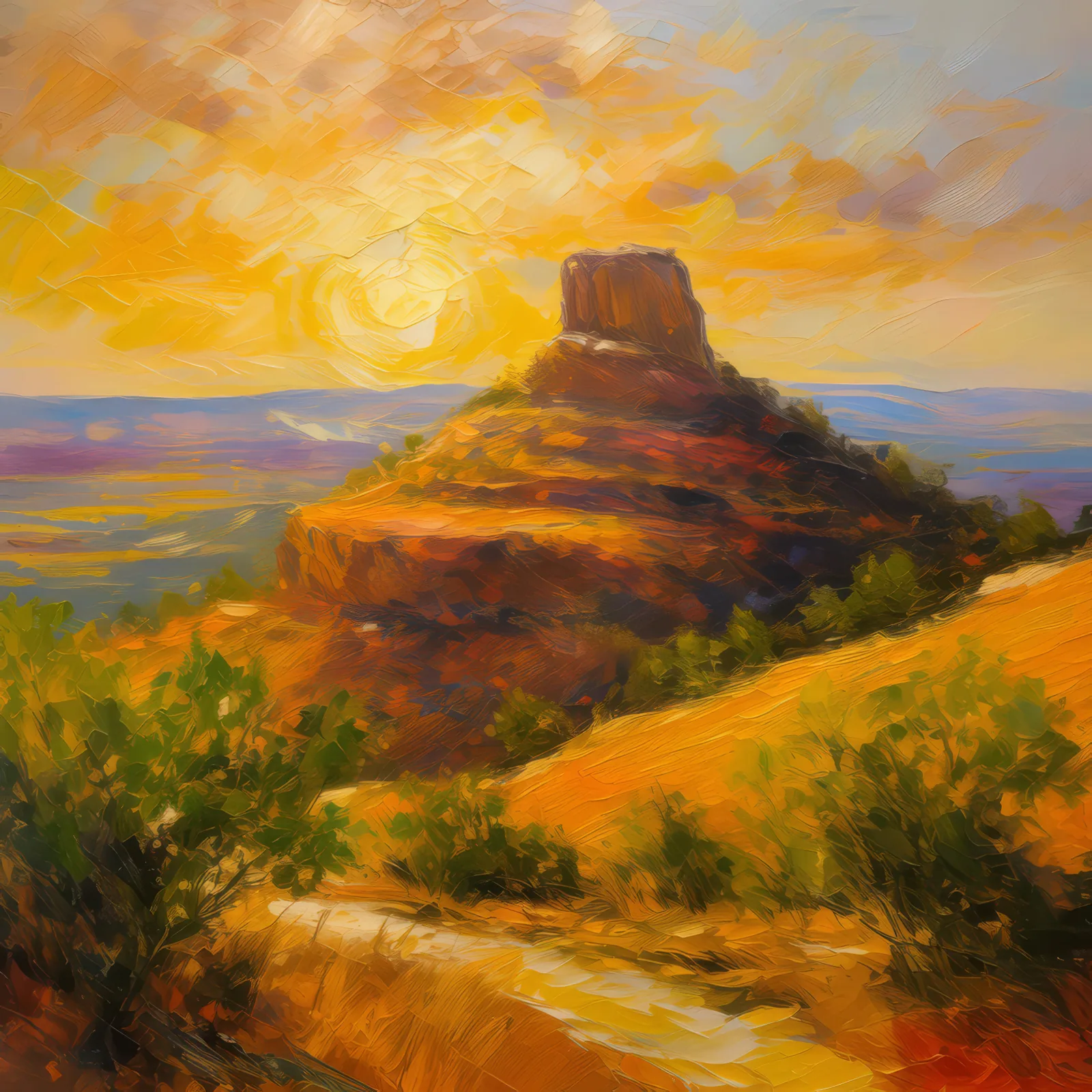 Mesa at Golden Hour, a palette-knife oil landscape by Emma Mickelberg