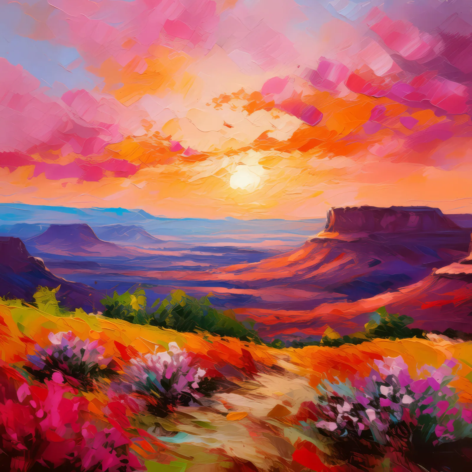 Mesa at Sunrise, a palette-knife oil landscape by Emma Mickelberg