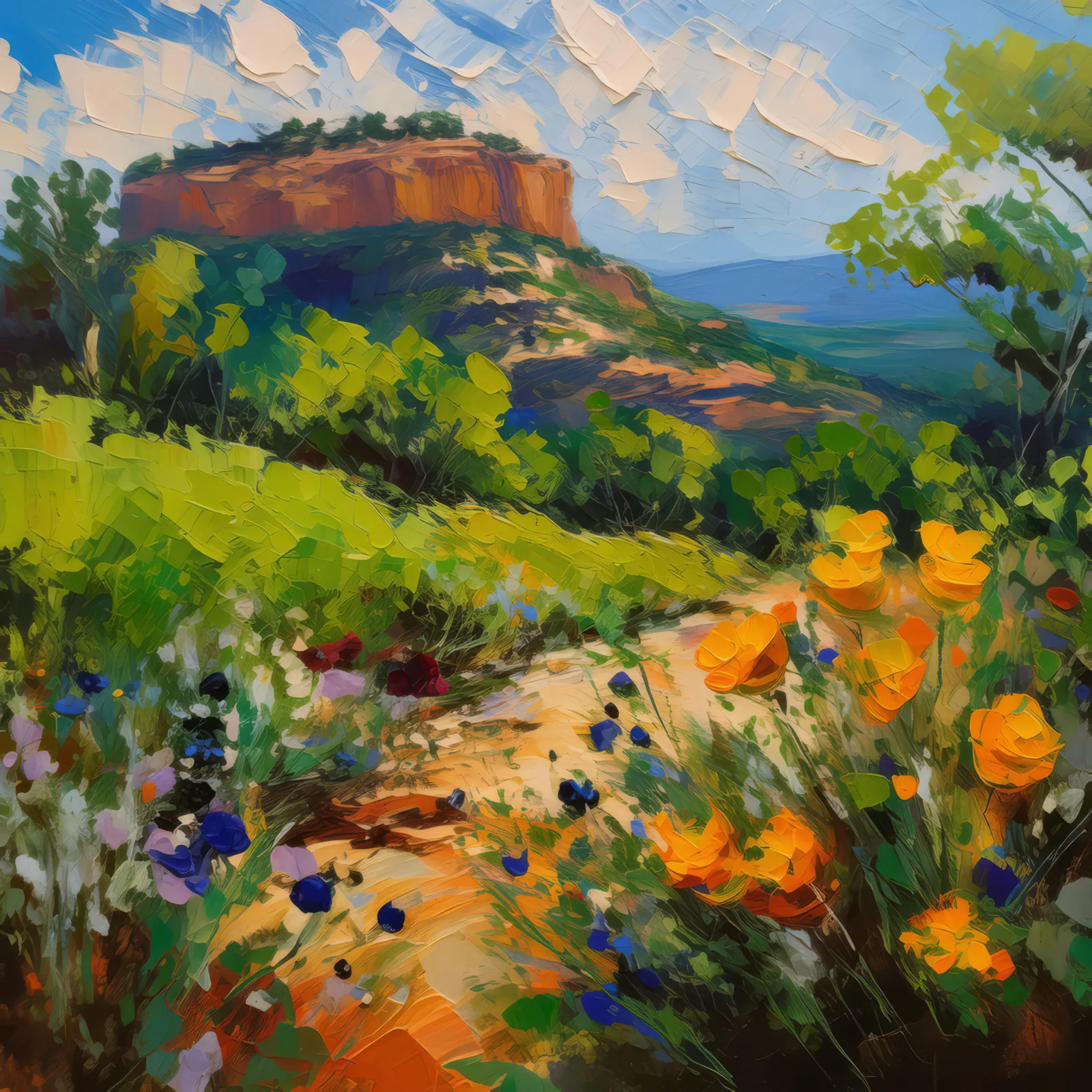 Mesa in Spring, a palette-knife oil landscape by Emma Mickelberg