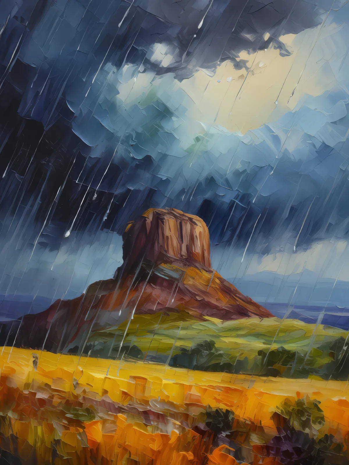 Mesa in the Rain, a palette-knife oil landscape by Emma Mickelberg