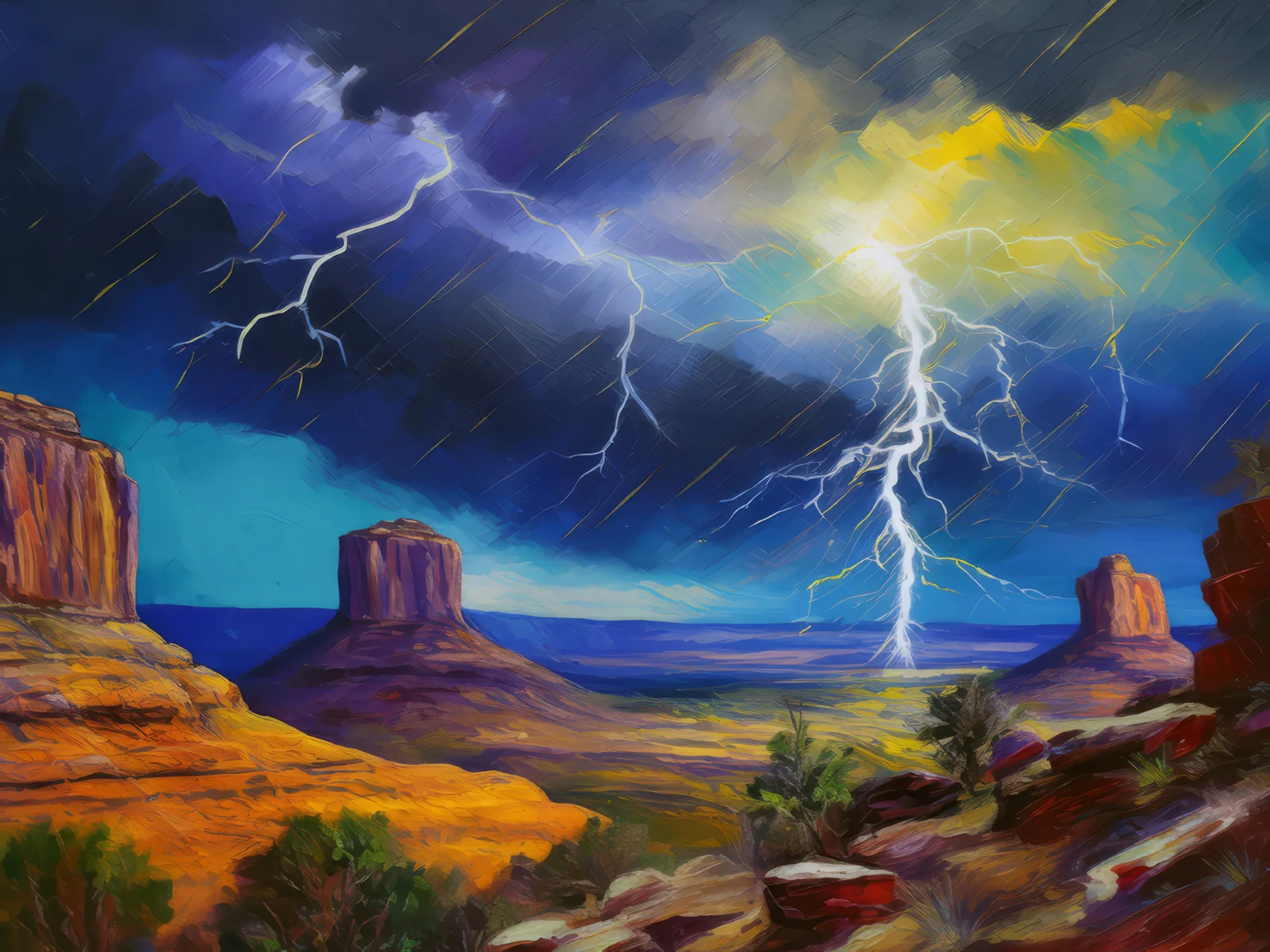 Mesa Under Lightning Storm, a palette-knife oil landscape by Emma Mickelberg
