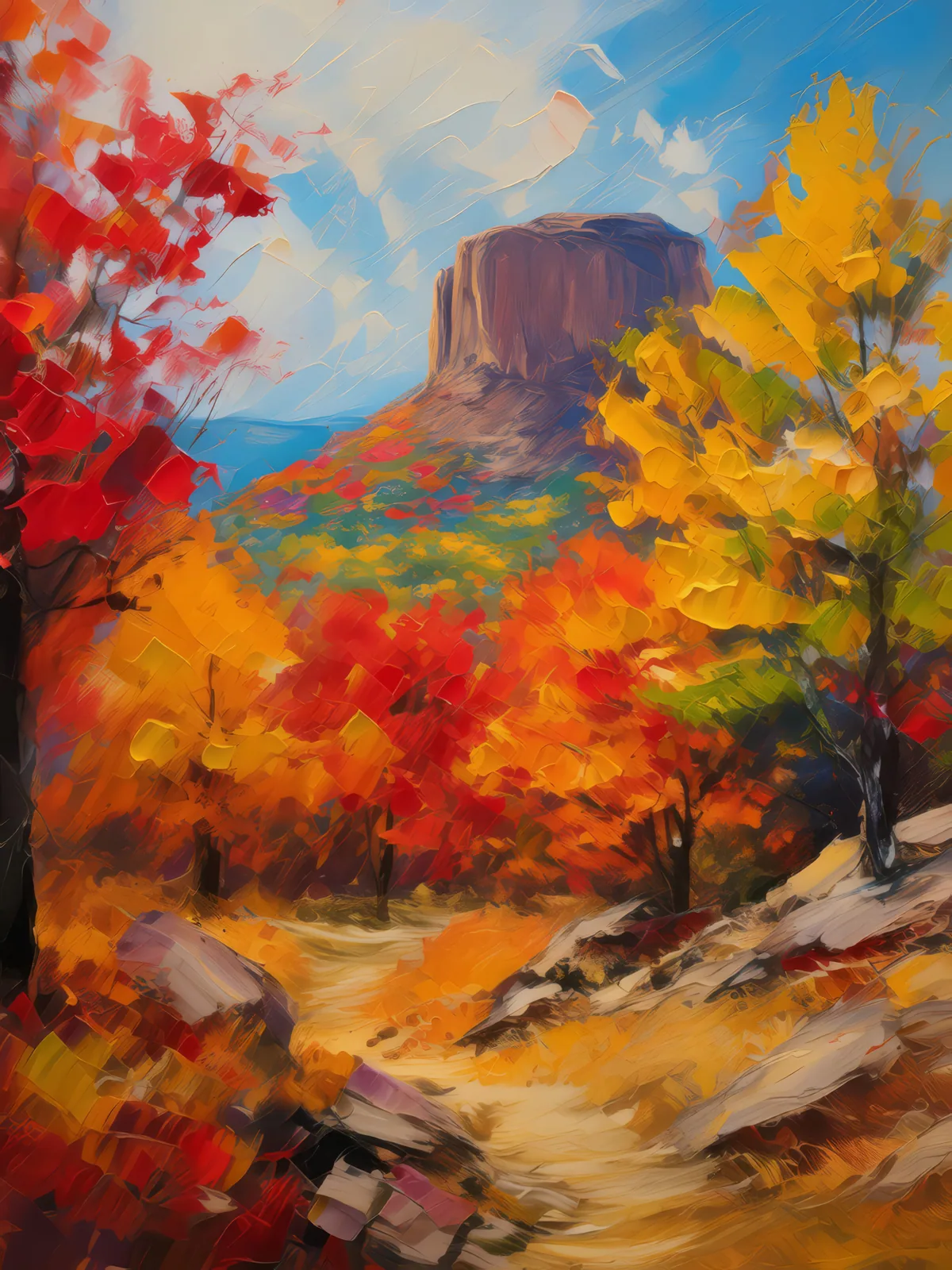 Mesa with Autumn Colors, a palette-knife oil landscape by Emma Mickelberg