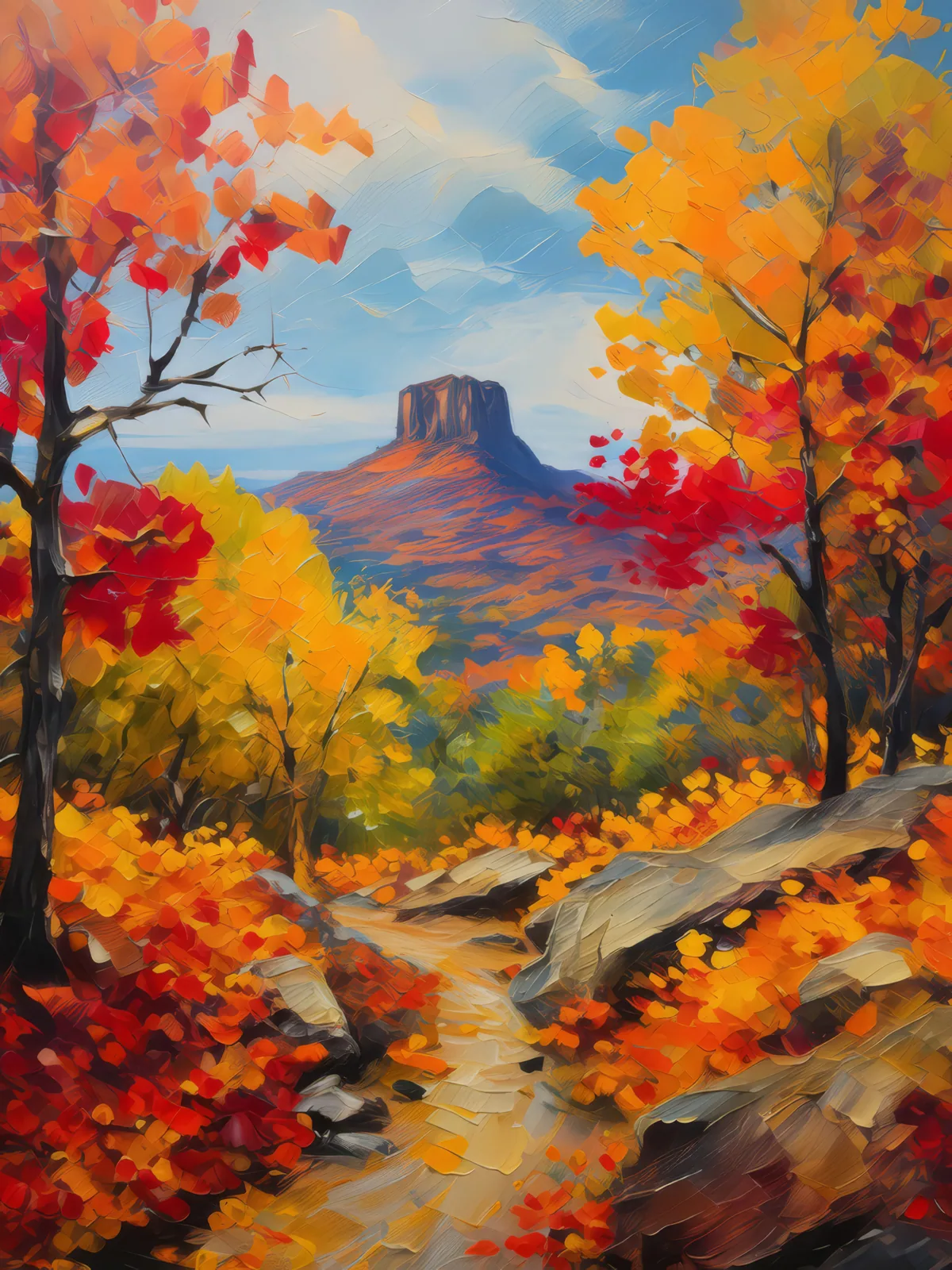 Mesa with Autumn Leaves, a palette-knife oil landscape by Emma Mickelberg
