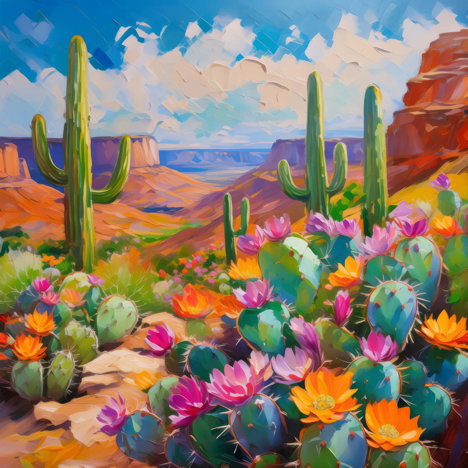 Mesa with Cacti Bloom, a palette-knife oil landscape by Emma Mickelberg
