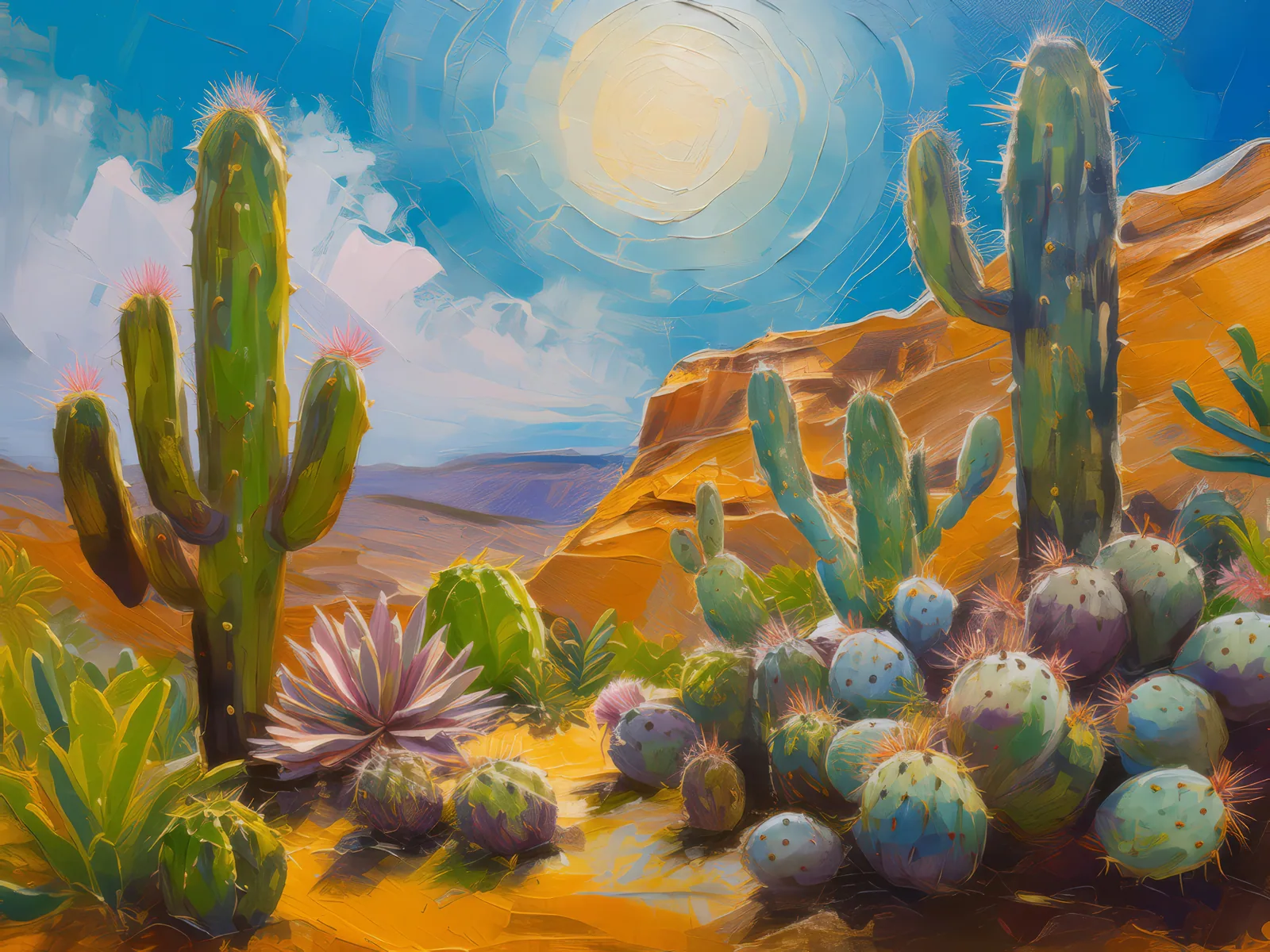 Mesa with Cacti, a palette-knife oil landscape by Emma Mickelberg