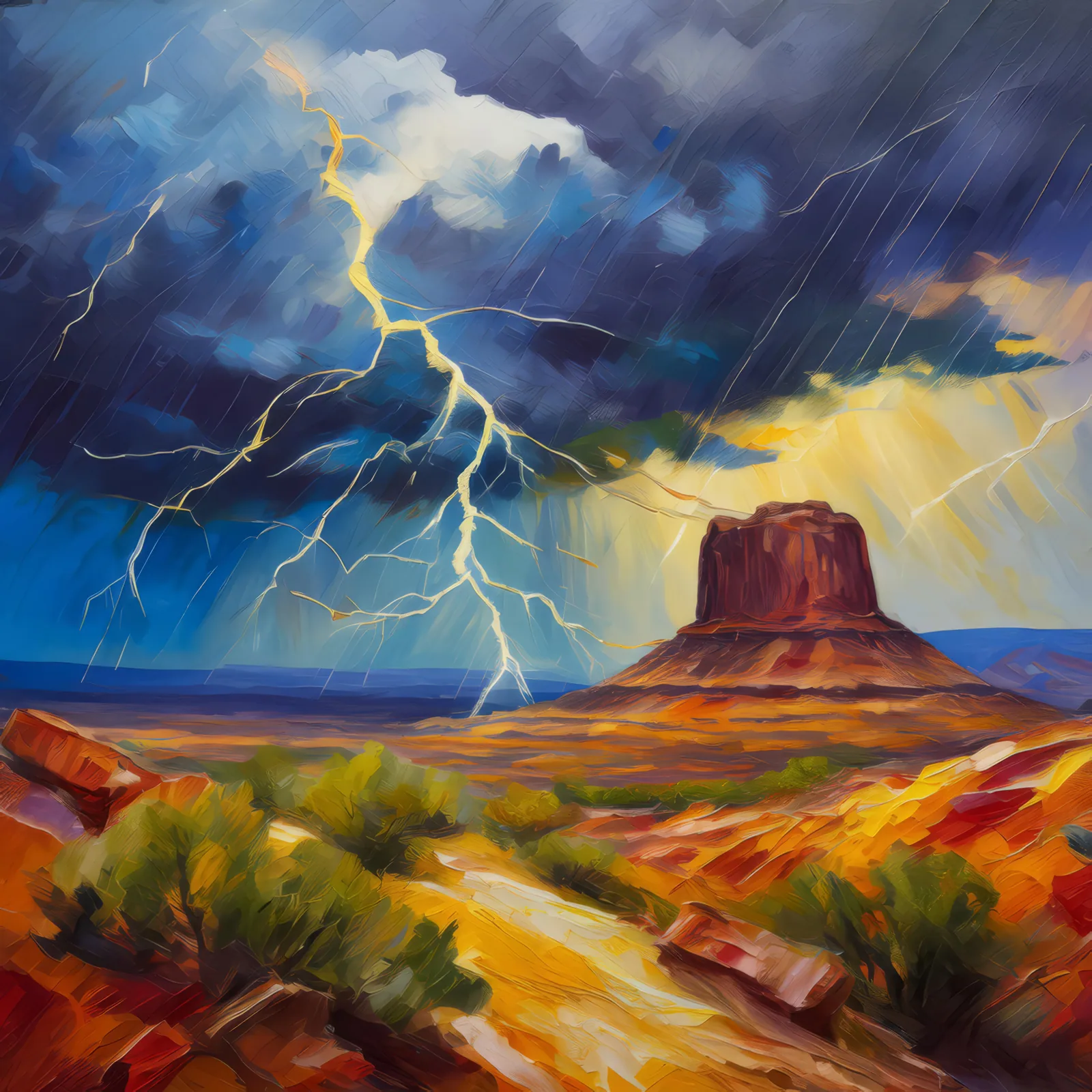 Mesa with Desert Storm, a palette-knife oil landscape by Emma Mickelberg