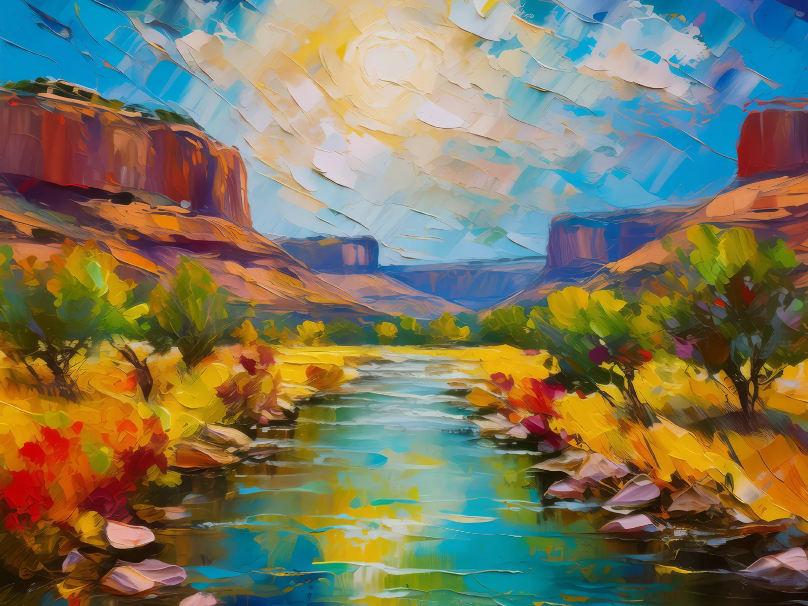 Mesa with Flowing Stream, a palette-knife oil landscape by Emma Mickelberg