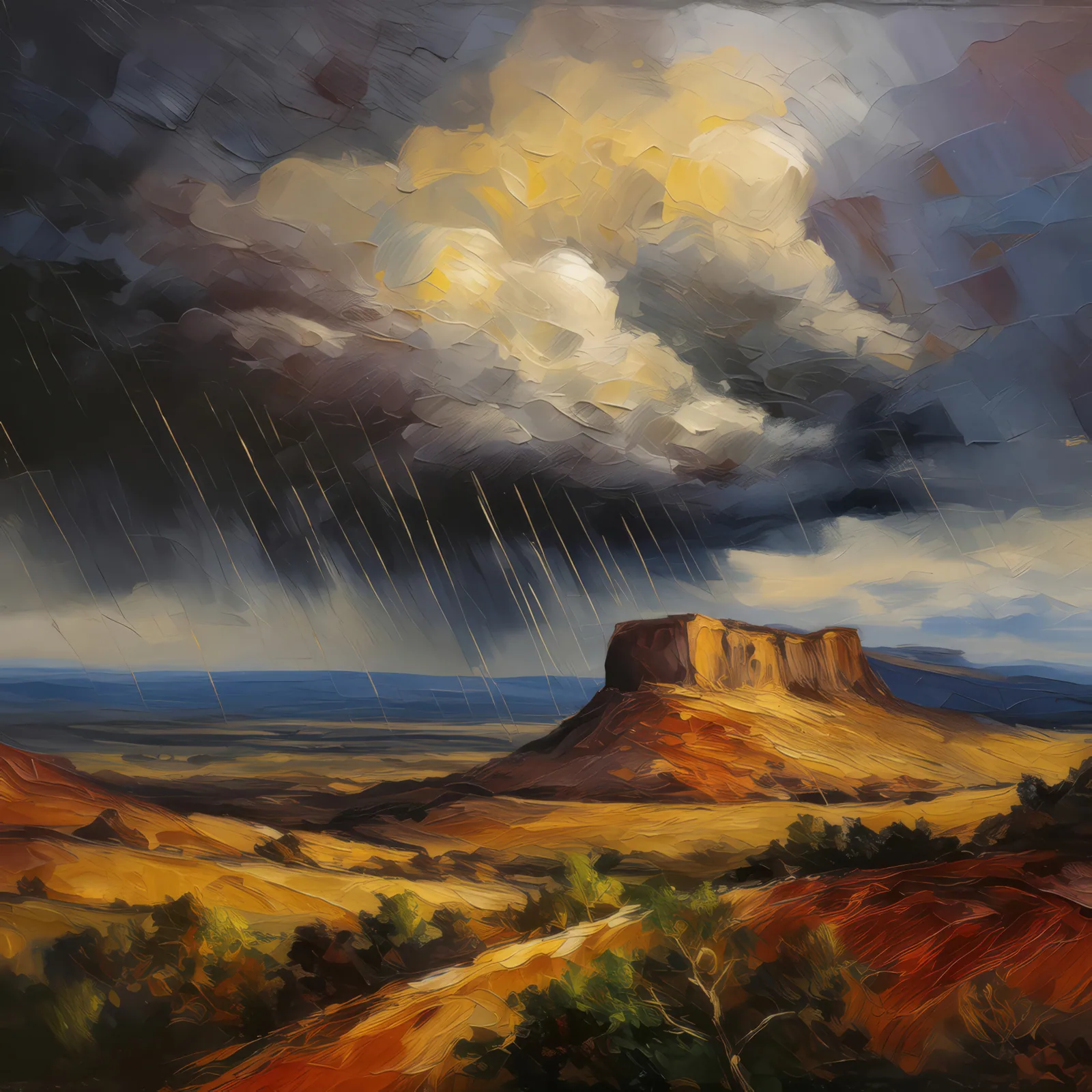 Mesa with Rain Clouds, a palette-knife oil landscape by Emma Mickelberg