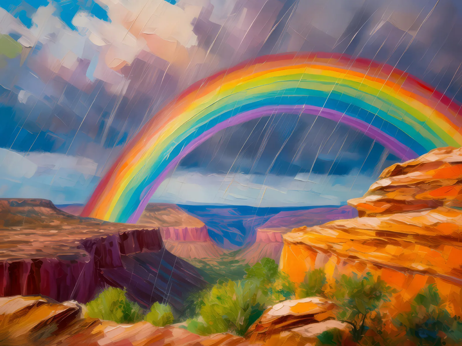 Mesa with Rainbow Arch, a palette-knife oil landscape by Emma Mickelberg
