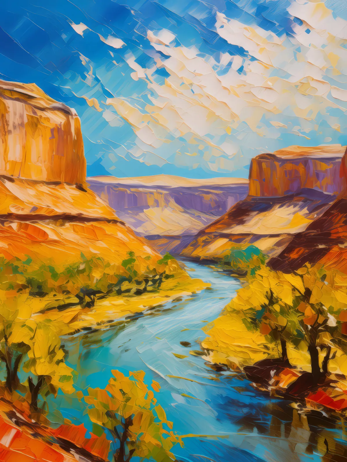 Mesa with River, a palette-knife oil landscape by Emma Mickelberg