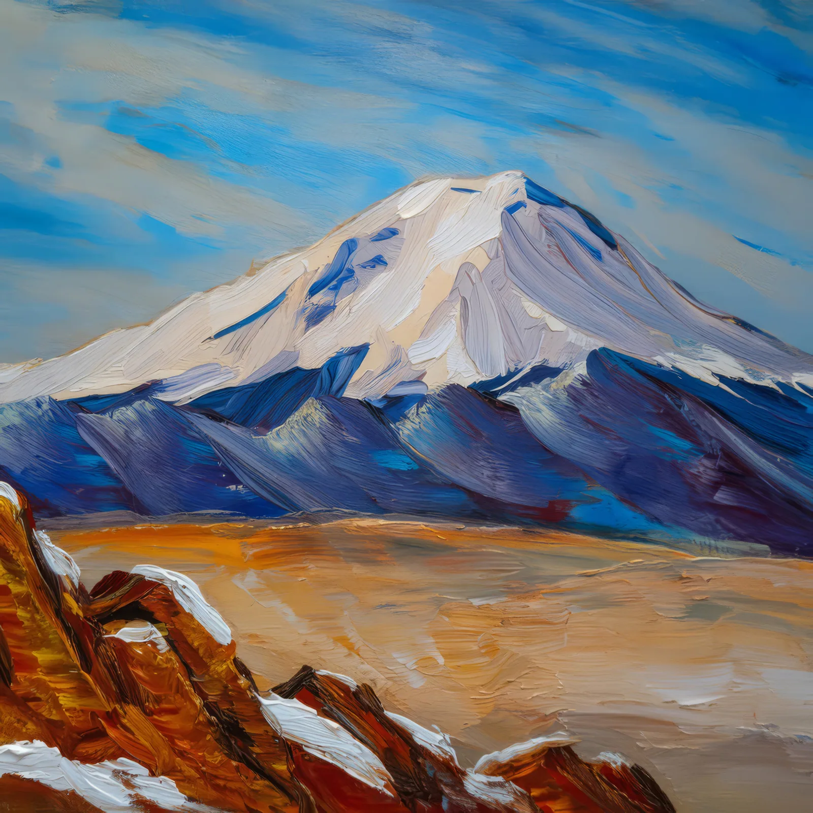 Mesa with Snow Caps, a palette-knife oil landscape by Emma Mickelberg