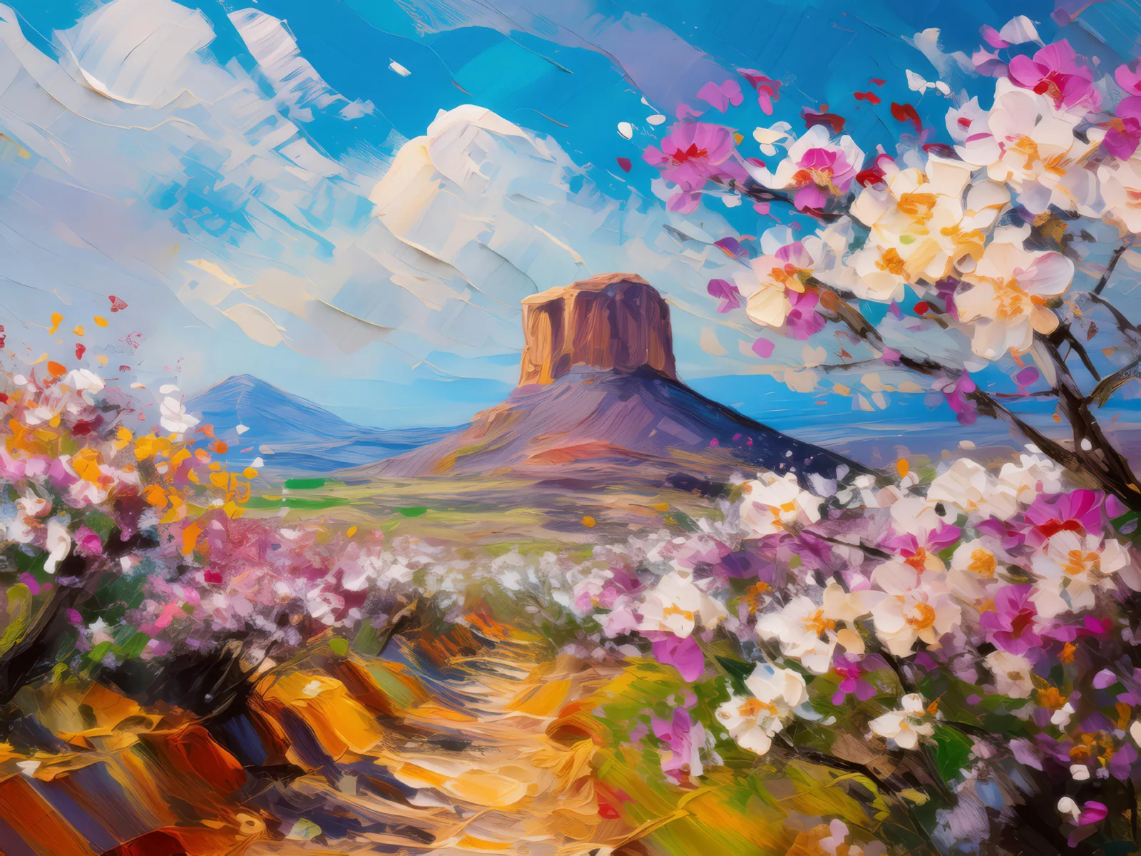 Mesa with Spring Blossoms, a palette-knife oil landscape by Emma Mickelberg