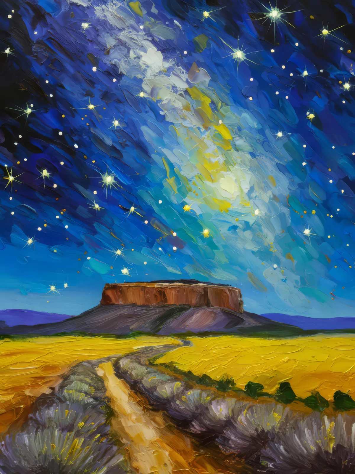 Mesa with Starry Night, a palette-knife oil landscape by Emma Mickelberg