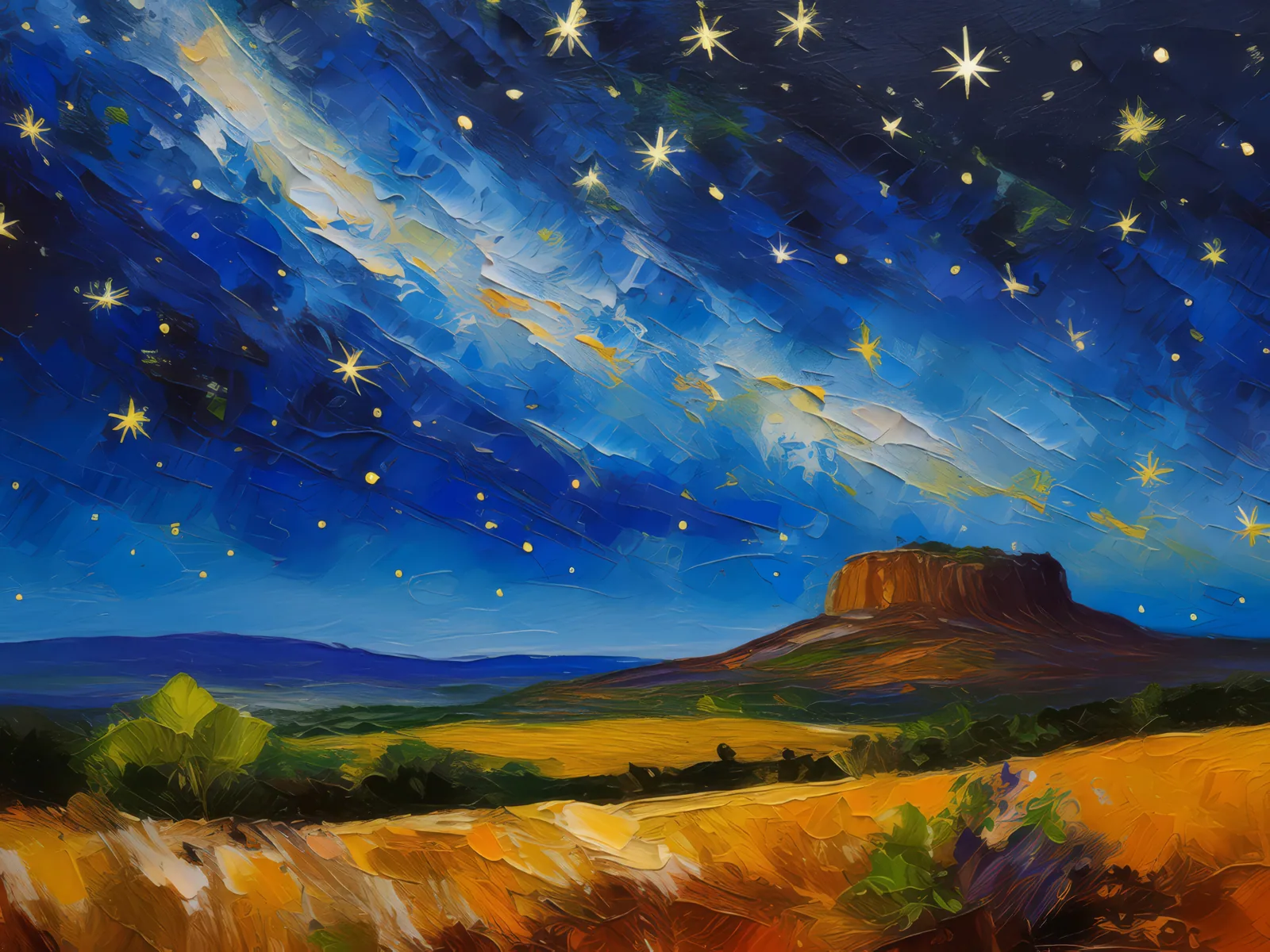 Mesa with Starry Sky, a palette-knife oil landscape by Emma Mickelberg