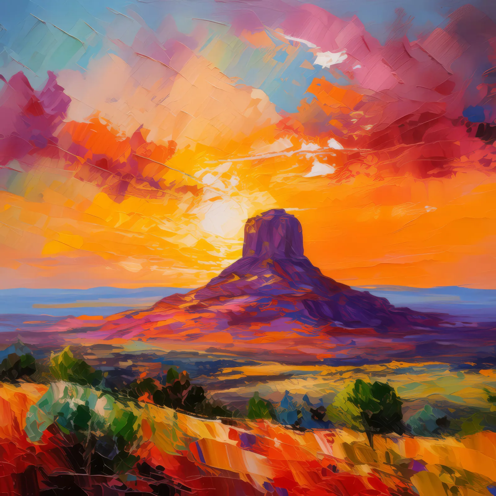 Mesa with Sunset Silhouette, a palette-knife oil landscape by Emma Mickelberg