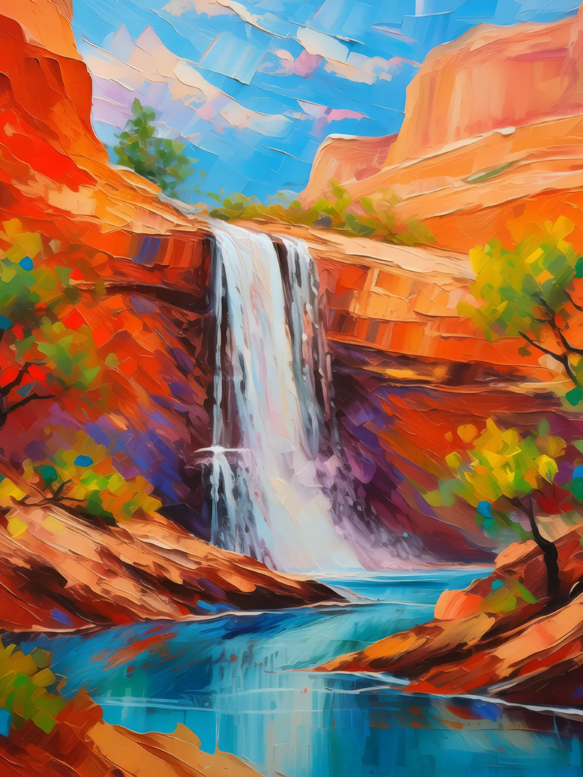 Mesa with Waterfall, a palette-knife oil landscape by Emma Mickelberg