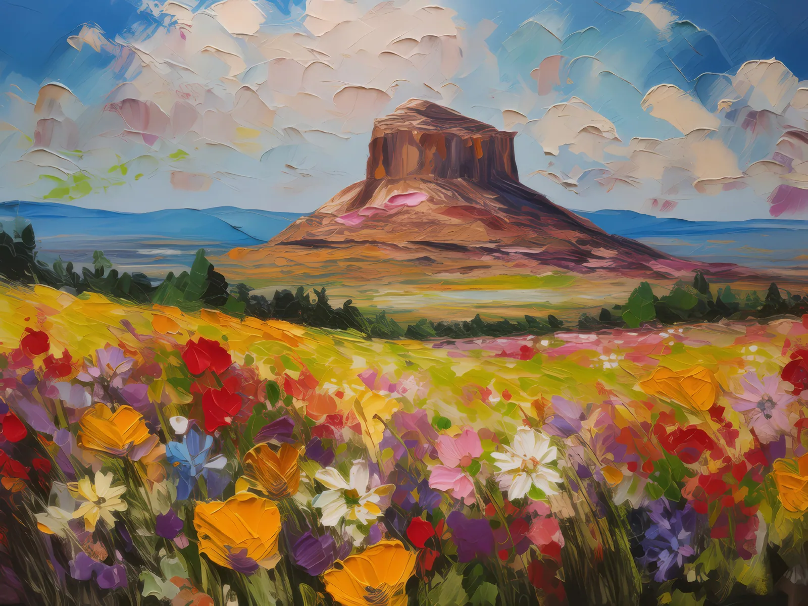 Mesa with Wildflowers, a palette-knife oil landscape by Emma Mickelberg