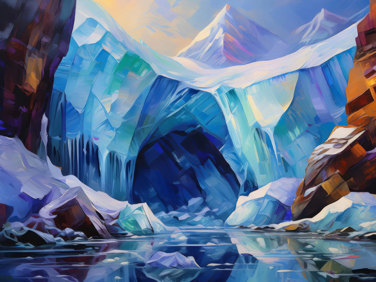 Mesmerizing Plateau Ice Cave, a palette-knife oil landscape by Emma Mickelberg