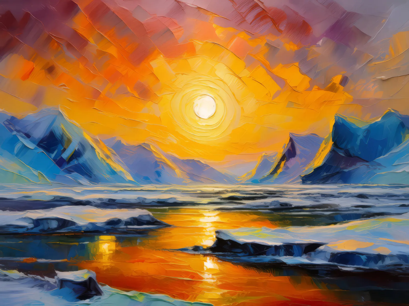 Midnight Sun in Arctic Desert, a palette-knife oil landscape by Emma Mickelberg