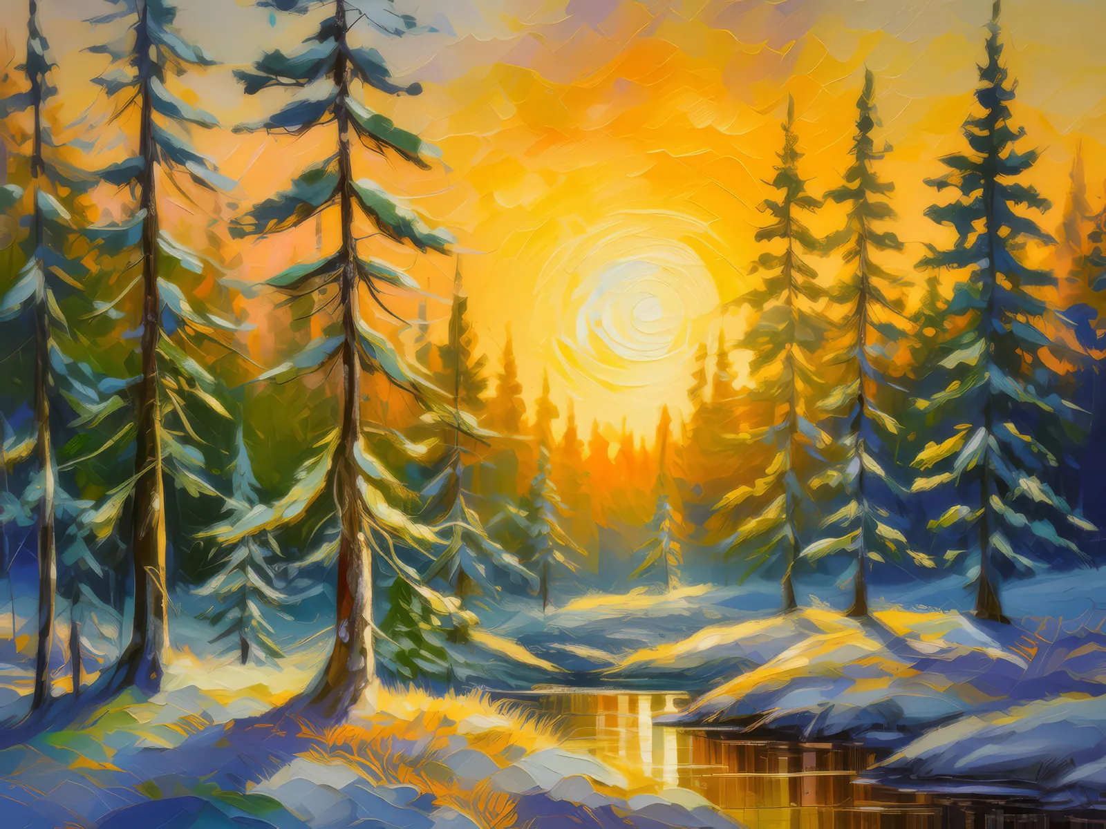 Midnight Sun in Boreal Forest, a palette-knife oil landscape by Emma Mickelberg