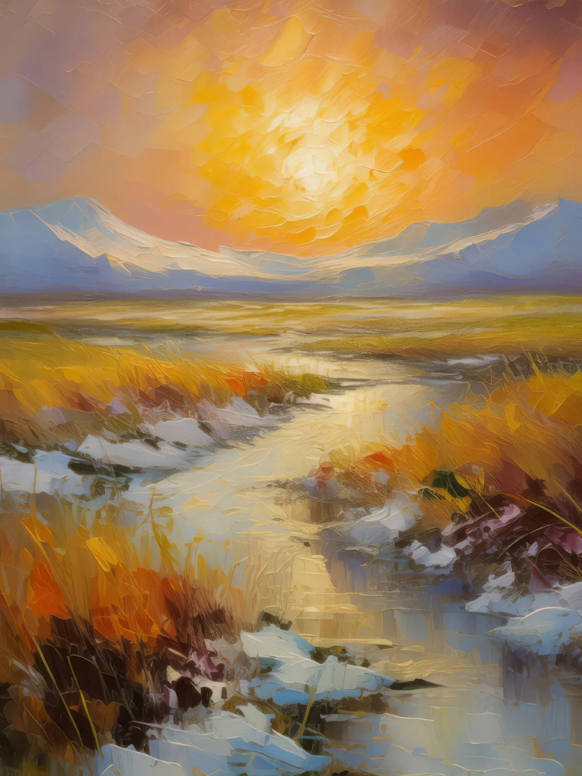 Midnight Sun in Grassland, a palette-knife oil landscape by Emma Mickelberg