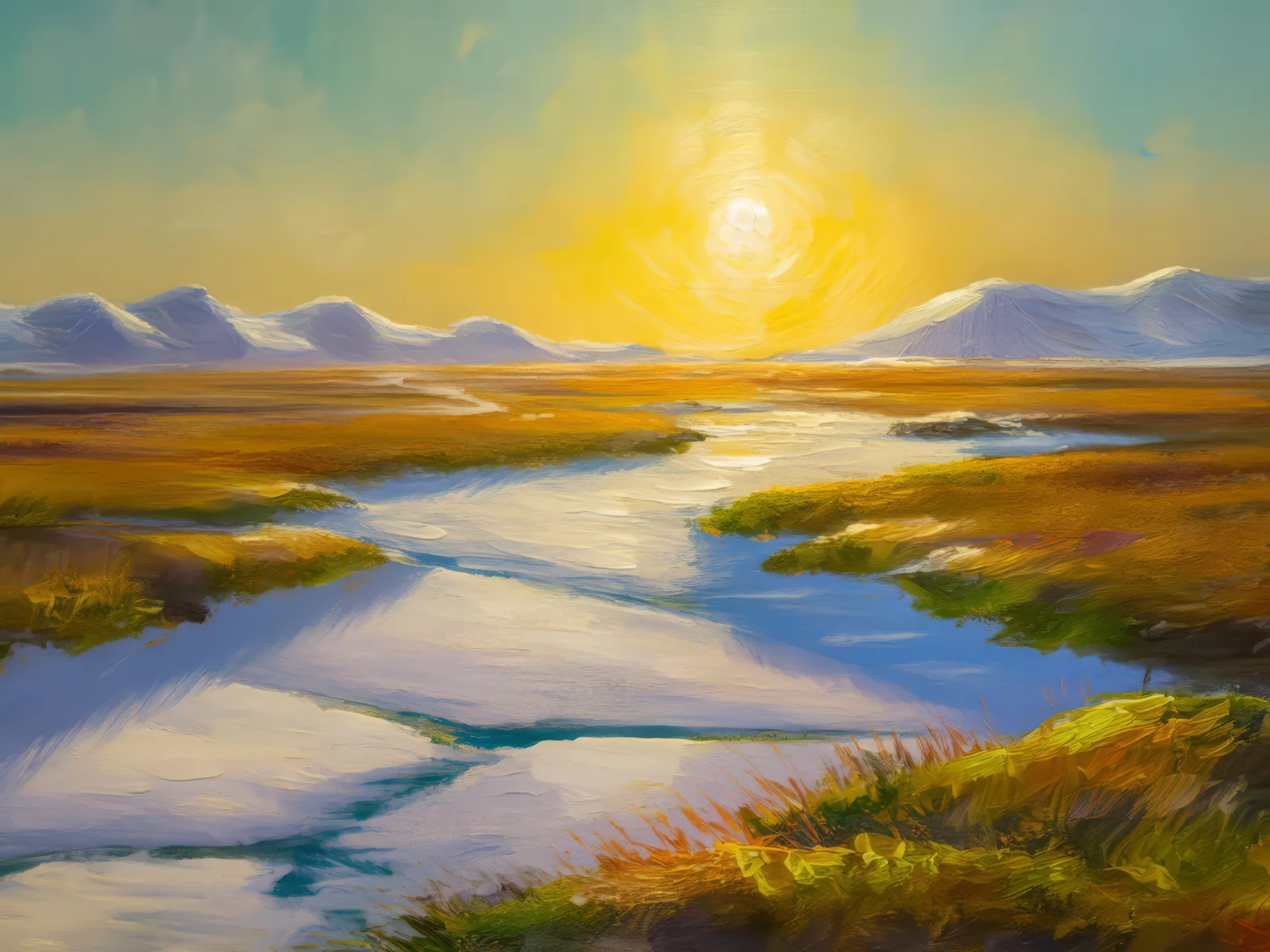 Midnight Sun in Tundra, a palette-knife oil landscape by Emma Mickelberg