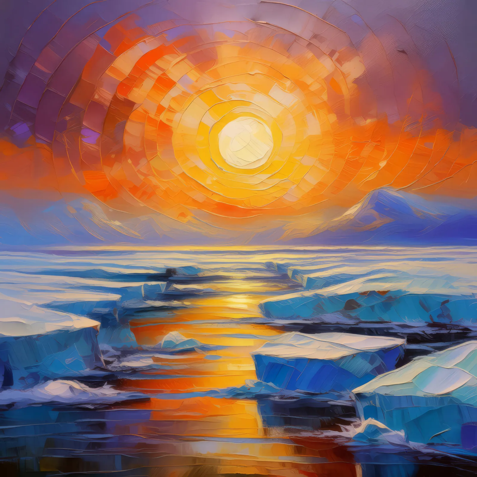Midnight Sun on Ice, a palette-knife oil landscape by Emma Mickelberg