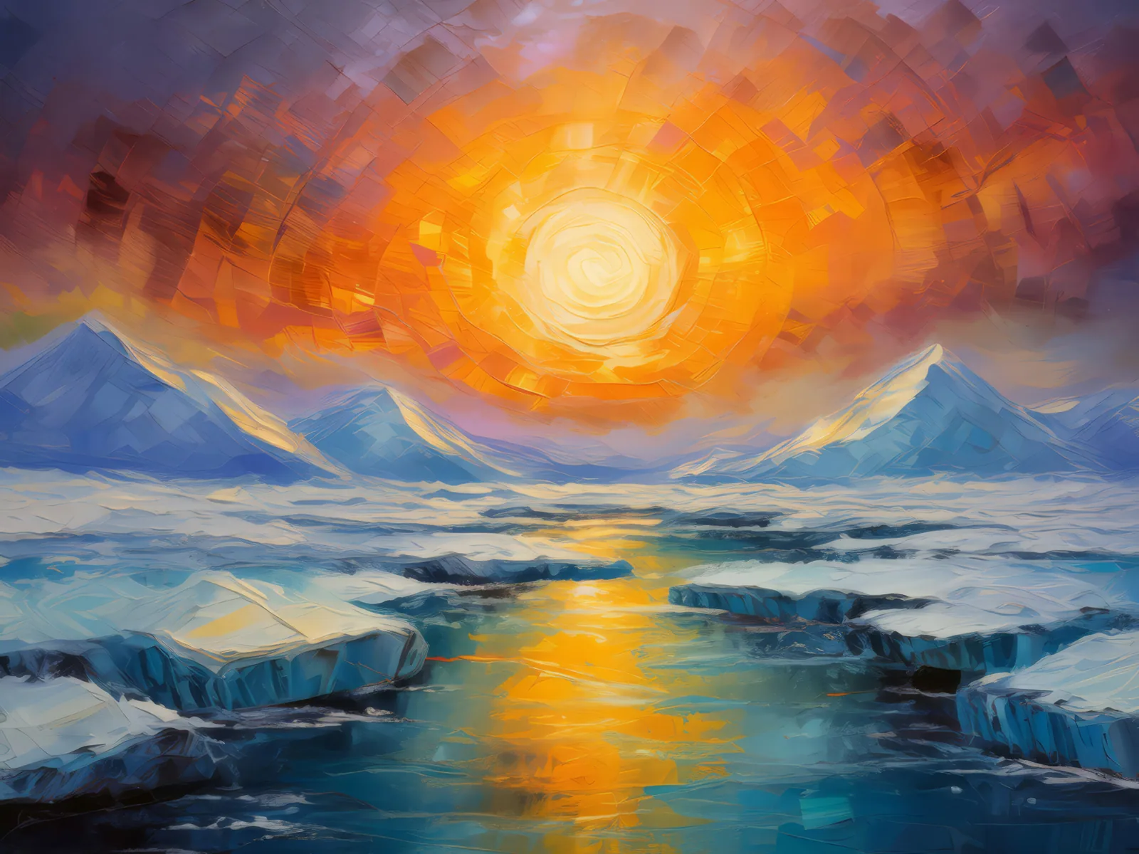 Midnight Sun Over Ice, a palette-knife oil landscape by Emma Mickelberg