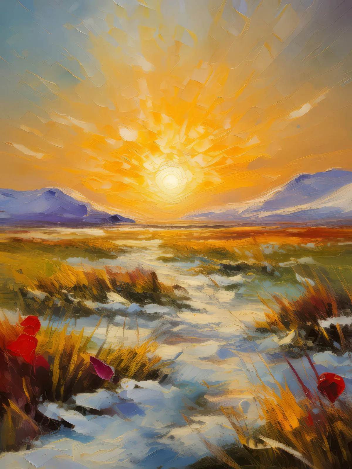 Midnight Sun over Tundra, a palette-knife oil landscape by Emma Mickelberg