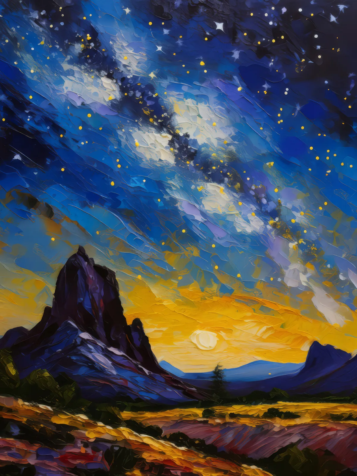 Milky Way over Crag, a palette-knife oil landscape by Emma Mickelberg