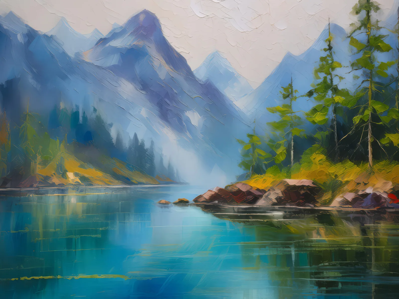 Misty Alpine Lake, a palette-knife oil landscape by Emma Mickelberg