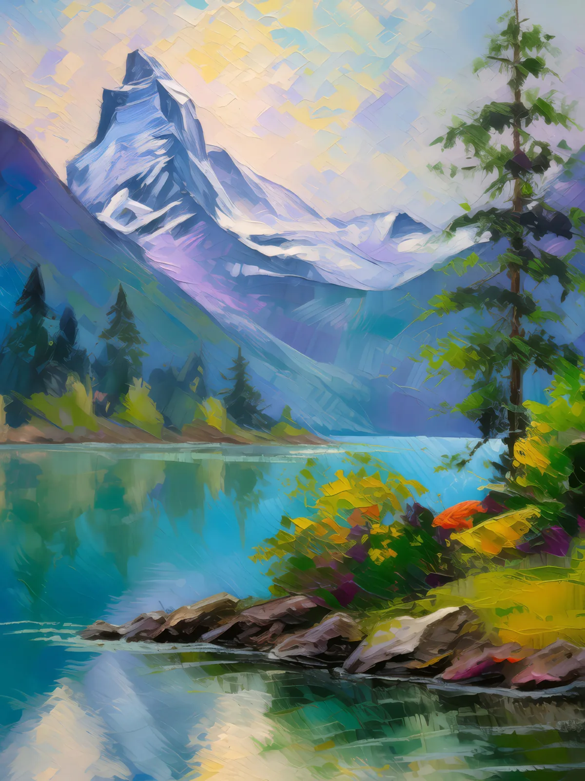 Misty Alpine Morning, a palette-knife oil landscape by Emma Mickelberg