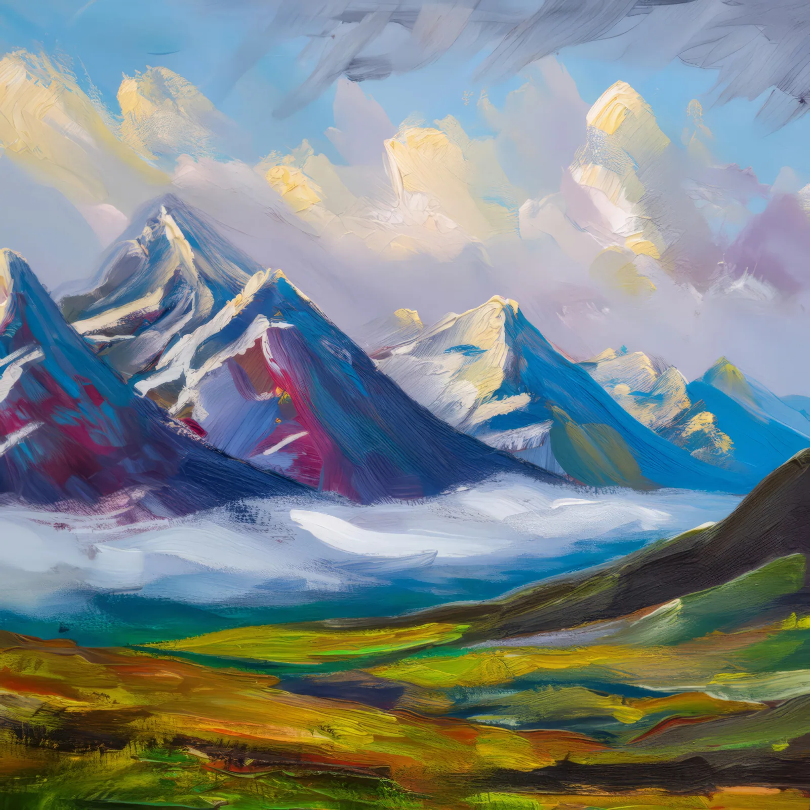 Misty Alpine Peaks, a palette-knife oil landscape by Emma Mickelberg