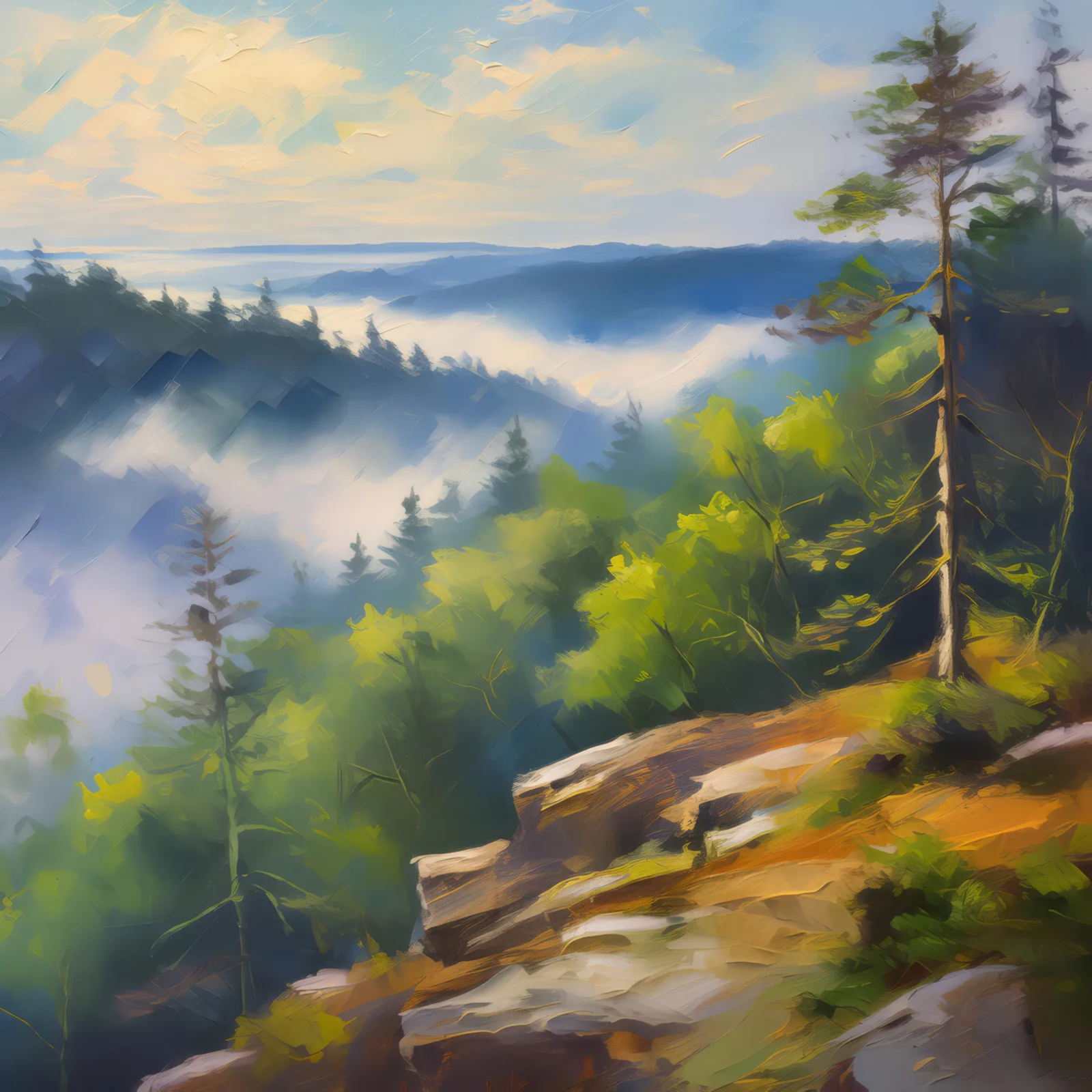 Misty Bluff Morning, a palette-knife oil landscape by Emma Mickelberg