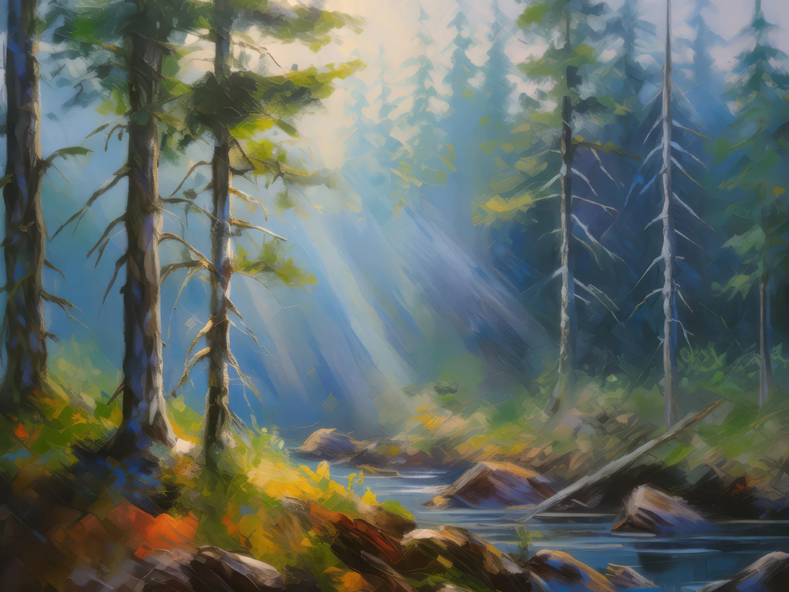 Misty Boreal Forest Morning, a palette-knife oil landscape by Emma Mickelberg