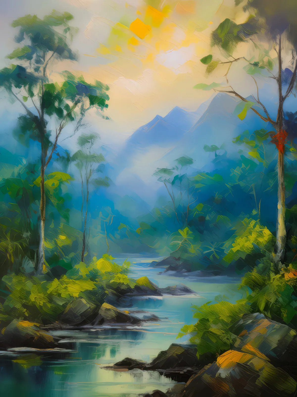 Misty Canopies of Boreal Jungle, a palette-knife oil landscape by Emma Mickelberg