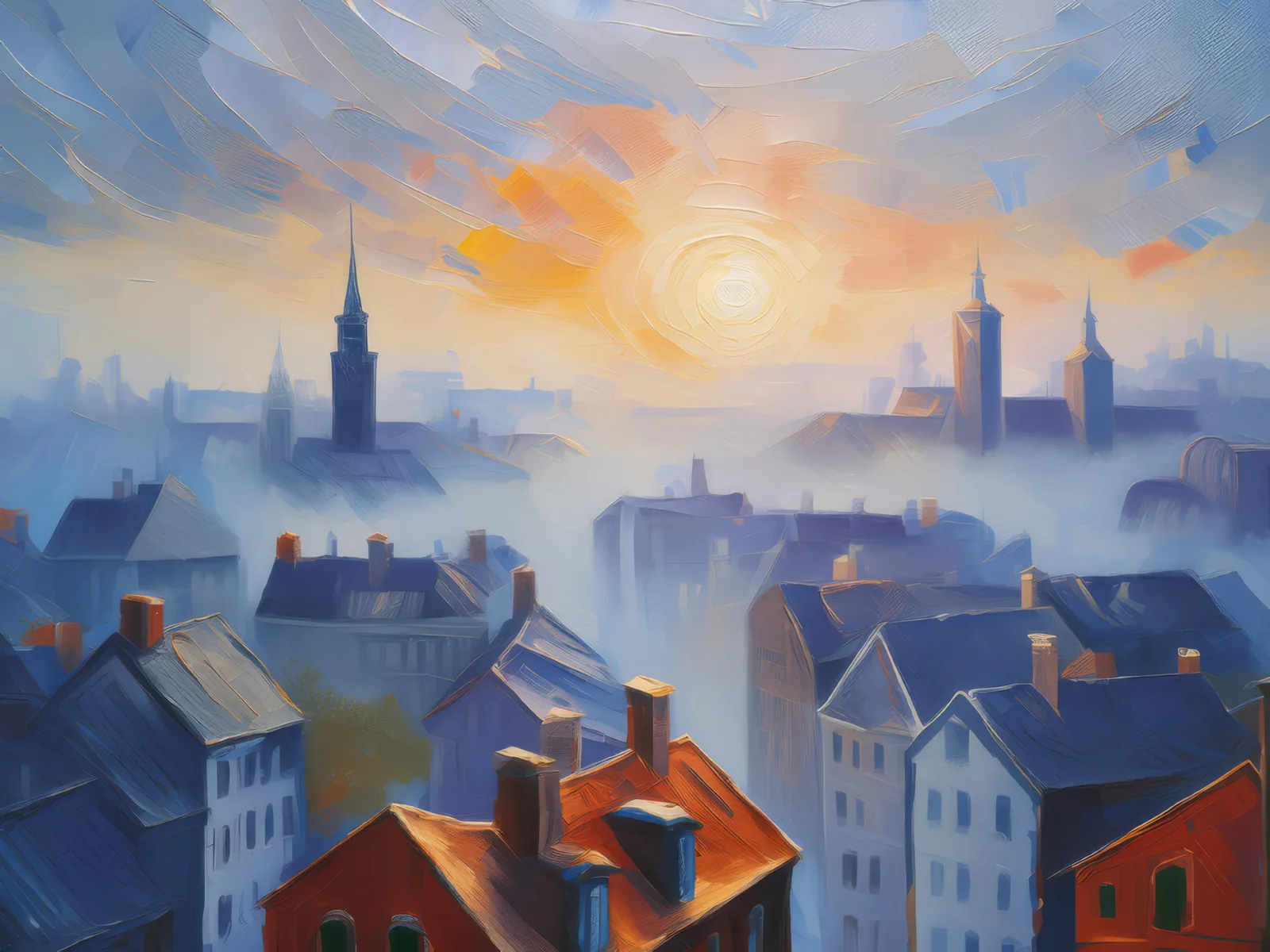 Misty City Rooftops, a palette-knife oil landscape by Emma Mickelberg