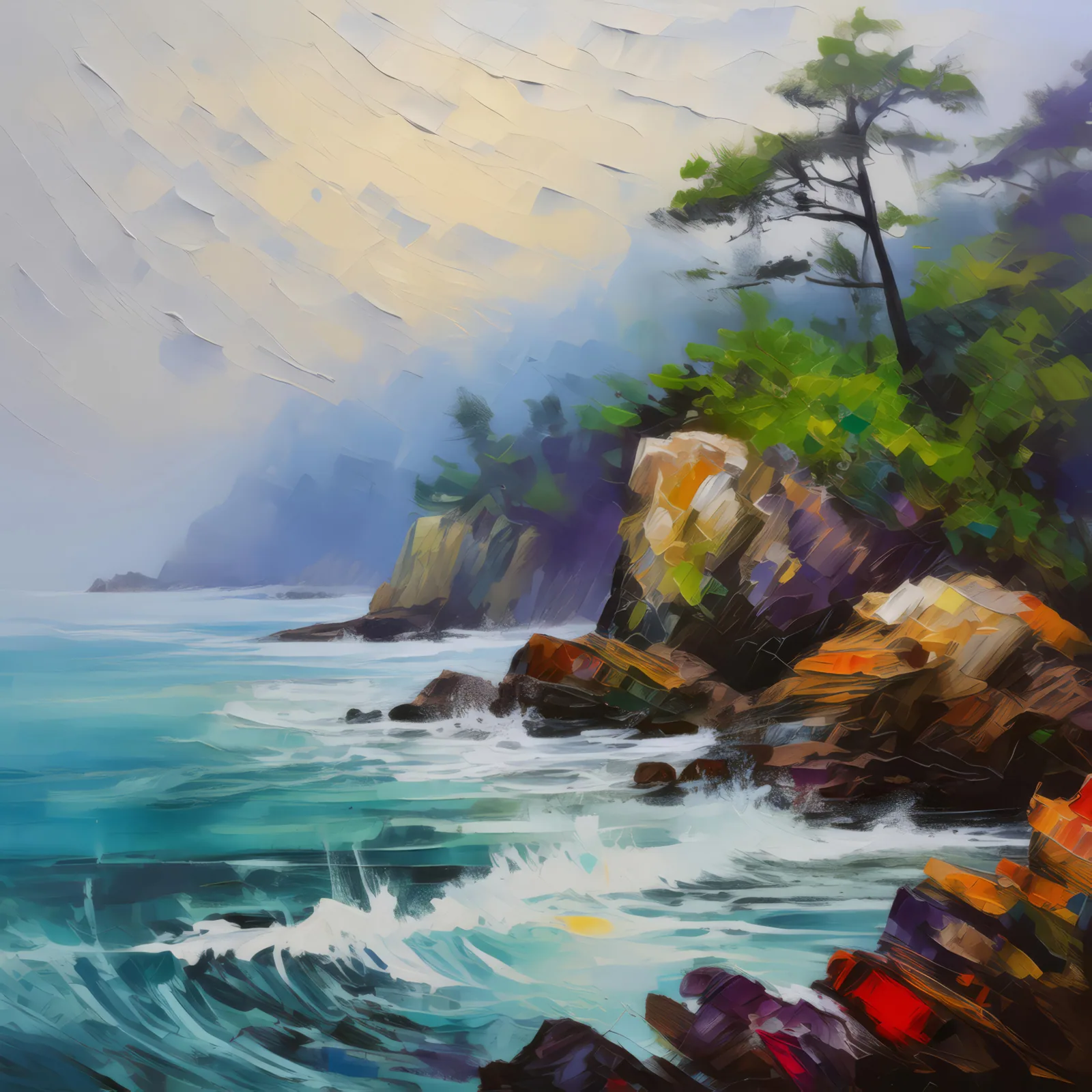 Misty Coastal Morning, a palette-knife oil landscape by Emma Mickelberg