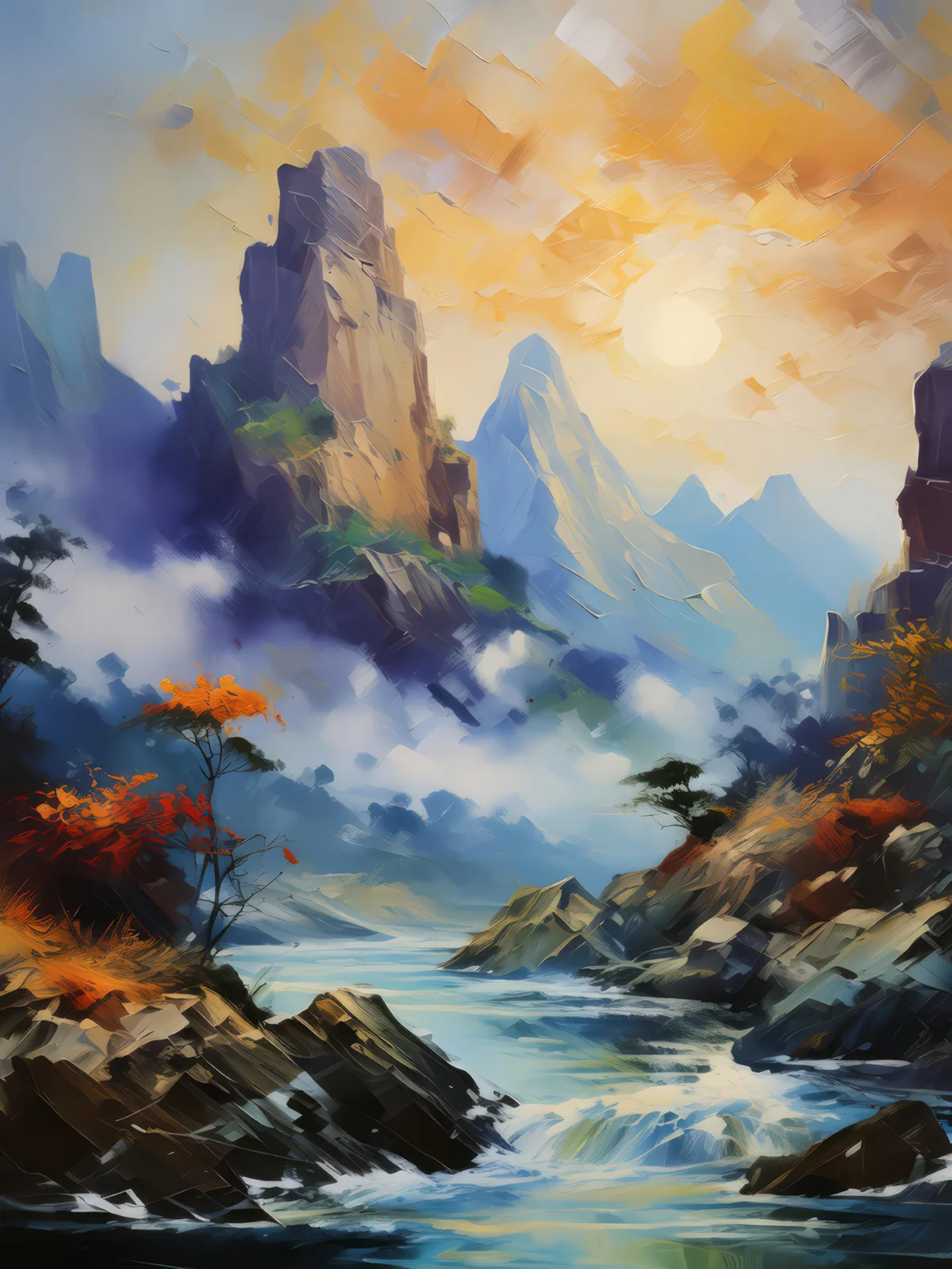 Misty Crag Mirage, a palette-knife oil landscape by Emma Mickelberg