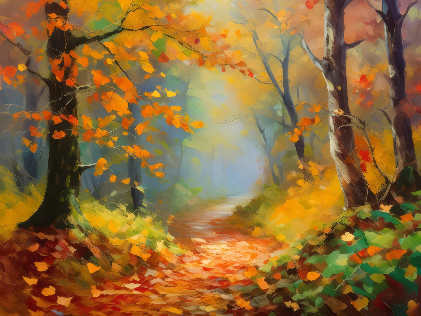 Misty Forest Path in Autumn, a palette-knife oil landscape by Emma Mickelberg