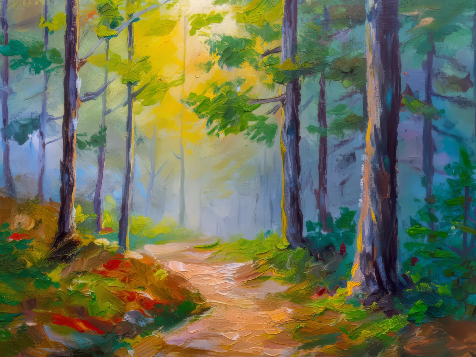 Misty Forest Trail at Dawn, a palette-knife oil landscape by Emma Mickelberg