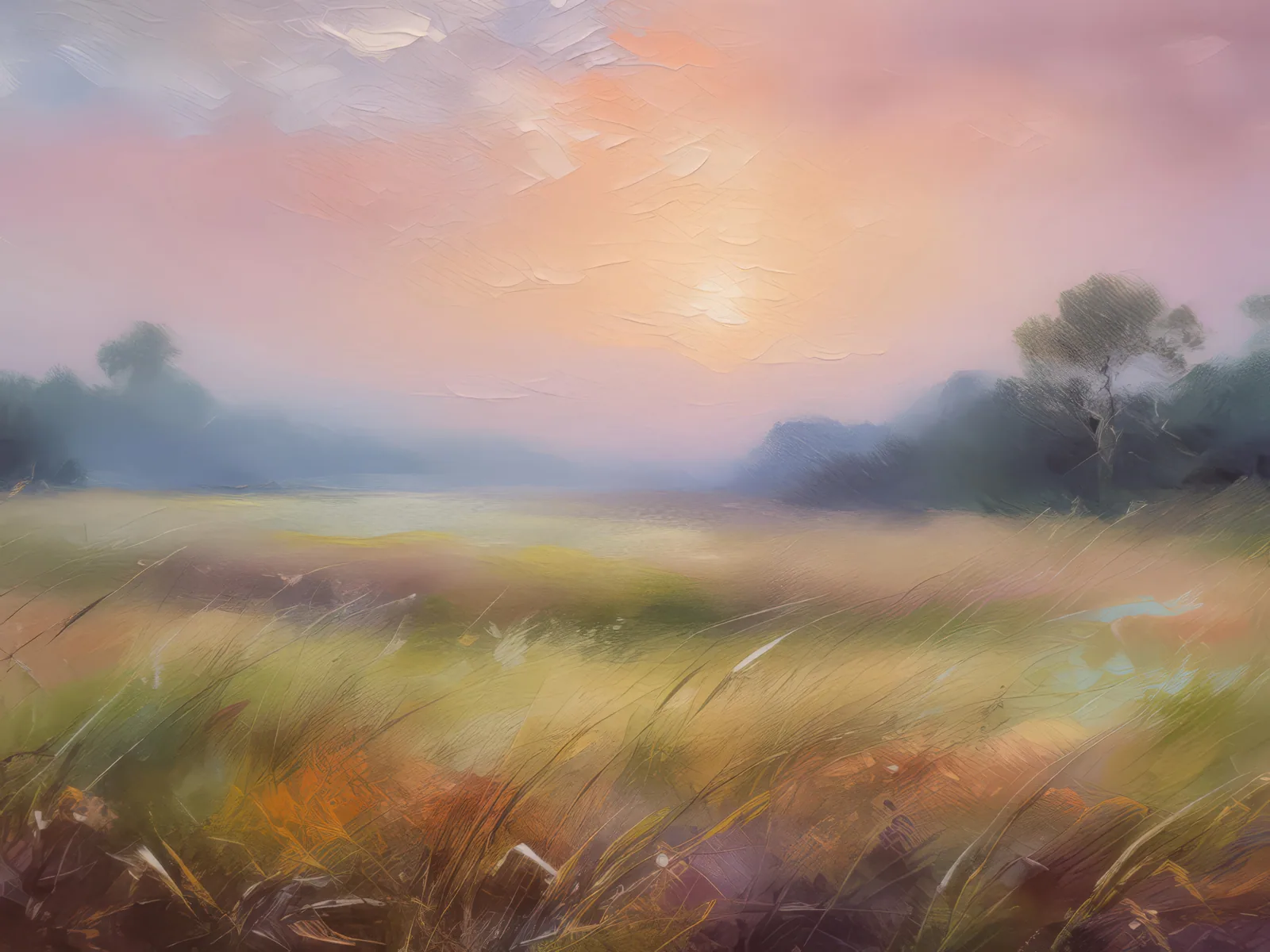 Misty Grassland Morning, a palette-knife oil landscape by Emma Mickelberg